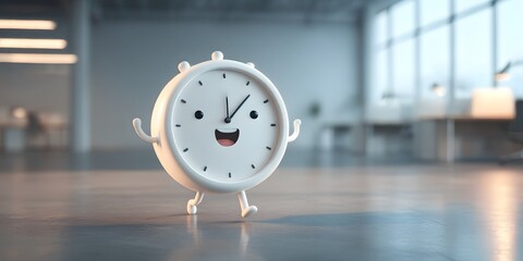 Cheerful Cartoon Clock Character in a Modern Office Environment