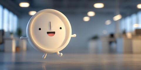 Cute Animated Clock Character with Cheerful Expression in Office Space