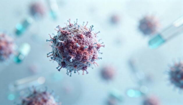 Microscopic View of Virus Cells Floating in a Fluid Environment, Science and Medical Research Concept