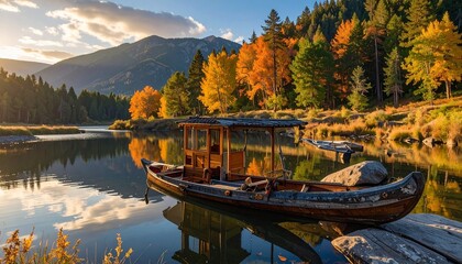 Obraz premium Serene Autumn Lake with Vintage Boat and Golden Trees at Sunset