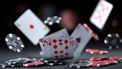 Obraz premium Playing cards and chips in mid-air