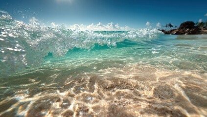 Obraz premium Ocean wave cresting over shallow sand