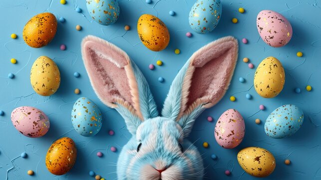 Easter Party Concept with Bunny Ears and Colorful White Pink Blue Yellow Eggs Top View