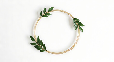 A simple, elegant circular frame adorned with fresh green leaves, arranged symmetrically on a clean white background, evoking nature and minimalism.