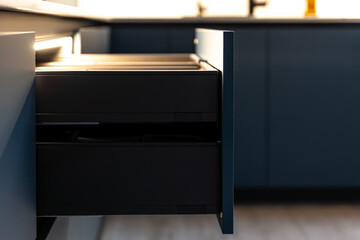 Pull-out drawer. Modern kitchen. LED lighting.