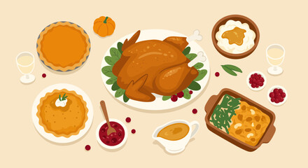 Abundant Thanksgiving feast featuring a golden roasted turkey, pumpkin pies, mashed potatoes, cranberry sauce, and festive drinks, perfect for holiday celebrations and culinary themes.