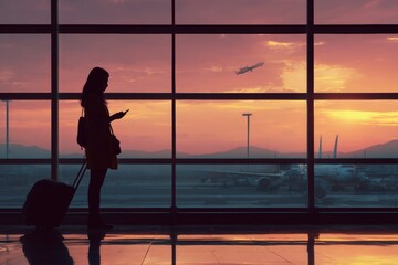 Fototapeta premium Silhouette of woman at airport window