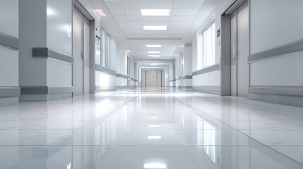 Fototapeta premium Hospital Interior Long Corridor with Doors and Windows, Clean and Modern Architecture, Healthcare Facility
