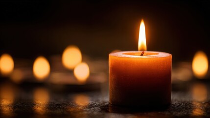 Candlelight Vigil: Soft Orange Candle Burning Brightly in Dark Setting with Bokeh Background, Hope and Remembrance