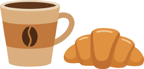 Flat Vector Coffee Cup with Croissant Breakfast Minimal Illustration