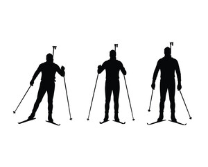 Naklejka premium Three silhouettes of biathletes in action holding rifles and ski poles on white background