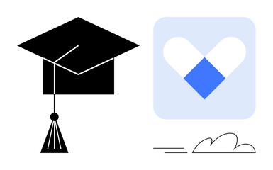 Black graduation cap with tassel next to a blue and white heart icon, representing learning, success, compassion, and innovation. Ideal for education, achievement, care, health creativity career