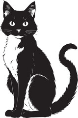 Elegant Cat Silhouette: A graceful black and white cat, in a sitting pose, captivates with its sleek silhouette, showcasing its distinctive markings and feline charm.
