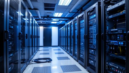 Obraz premium this image shows an interior view of a server room filled with multiple rows of computer servers