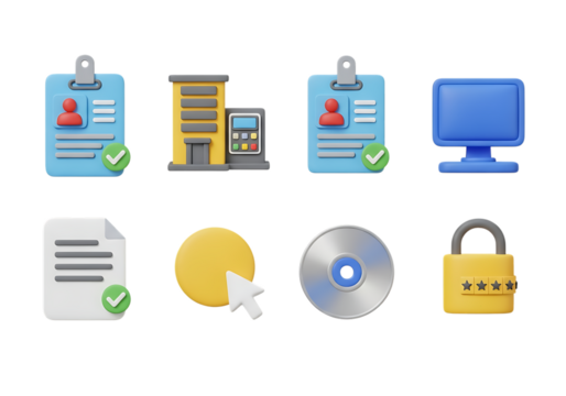 3d icon of collection of isometric icons representing office and technology, including id cards, computer, document, and padlock, isolated on transparent background