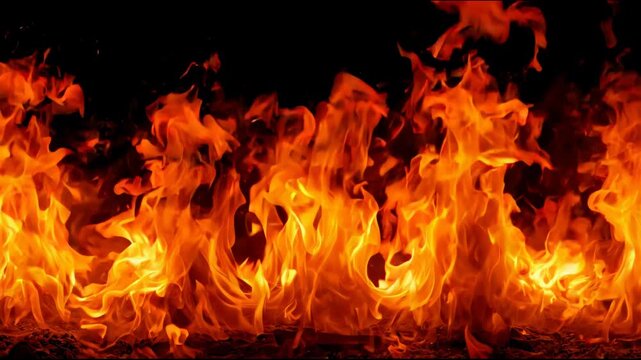 Loopable yellow flames dance against a dark backdrop, creating a mesmerizing display of heat and energy. Fire in loop isolated on black background
