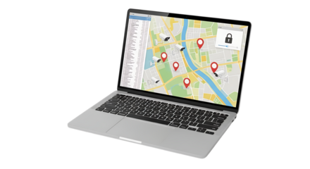 3d icon of a laptop displaying a map with location pins and a lock icon, isolated on a transparent background