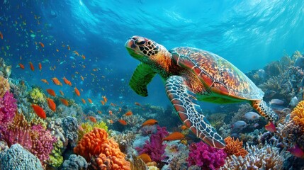 Obraz premium Majestic Sea Turtle Gliding Through Vibrant Coral Reef Ecosystem, a Stunning Underwater Wildlife Scene