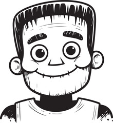 Frankenstein's Animated Portrait: A charming cartoon illustration of Frankenstein's monster, capturing the iconic features in a friendly, monochromatic style.