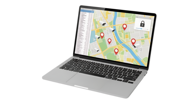 3d icon of a laptop displaying a map with location pins and a lock icon, isolated on a transparent background