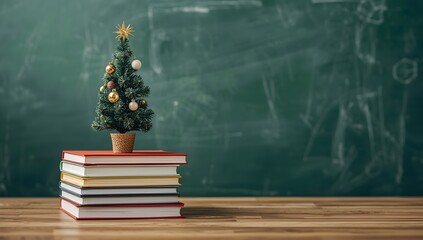 Miniature christmas tree adorned with ornaments stands proudly atop a stack of books by a green chalkboard
