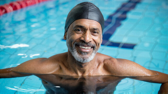 Senior African man with gray beard smiles while swimming in a pool. He wears a black swim cap and is surrounded by blue water and lane markers.