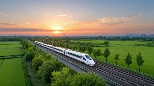 High-Speed Train Journey: A sleek high-speed train glides effortlessly through a picturesque landscape, its streamlined form mirroring the setting sun's fiery glow as it embarks on a journey.