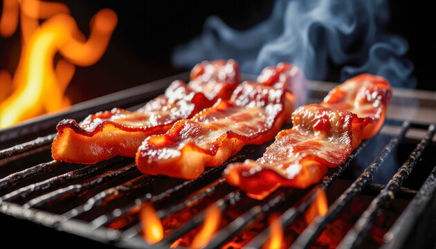 Three strips of bacon sizzle on a hot wire rack over a fire against a dark, smoky background.