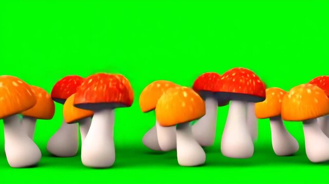 Dancing autumn mushrooms on empty green screen. Cartoon mushroom jumping looping animation in retro style Chroma key
