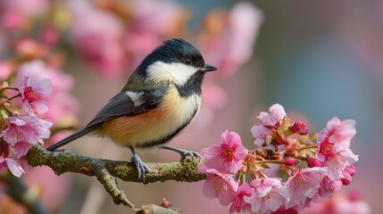 Obraz premium Great Tit Bird Perched on Blossoming Cherry Tree Branch in Springtime, Featuring Delicate Pink Flowers