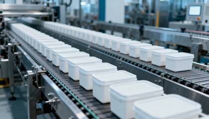 Fototapeta premium Automated Conveyor System Transporting Rows of White Containers in a Modern Food Processing Plant