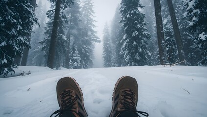 Pov view of snowy forest path with traveler's boots ready for winter adventure