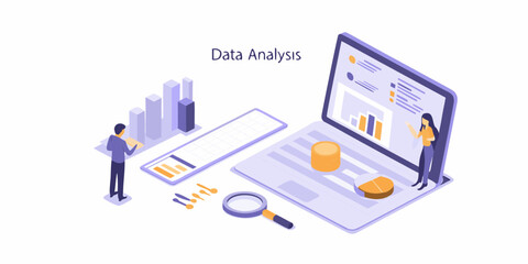 Fototapeta premium Data analysis concept with people interacting with charts and graphs on a laptop and desk