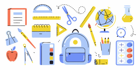 A colorful collection of school supplies and educational items arranged in a playful flat design style