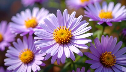 Obraz premium Close-up view of vibrant purple flowers with bright yellow centers, showcasing detailed petal structures in a soft focus.