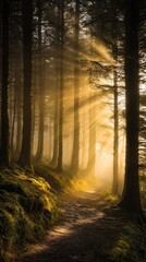 Obraz premium Sunbeams illuminate a misty forest path, creating a magical, ethereal atmosphere. Moss covers the ground, adding to the mystical ambiance