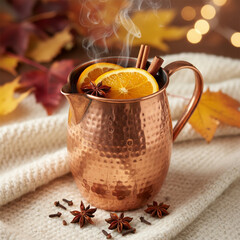 Warm mulled drink with orange and spices in a rustic copper pitcher, a concept of a cozy autumn beverage, holiday comfort, and festive celebration.