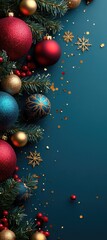 Festive Christmas ornament arrangement with fir branches, red berries, and golden confetti on a teal background for holiday celebration