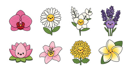 Cute cartoon flowers and plants, including orchid, daisy, lilies, and more.