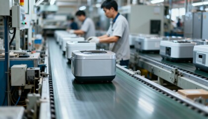 Production Line: Workers Assembling Appliances on Conveyor Belt in a Modern Manufacturing Factory Setting