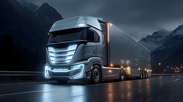 Futuristic Electric Semi Truck Driving on Road at Night with Mountains in Background AI Generated