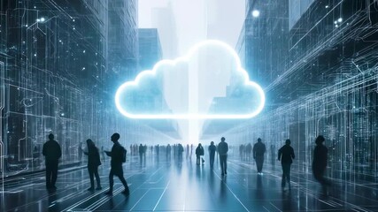 Futuristic cityscape with digital cloud technology, people walking through a high-tech urban environment - Powered by Adobe