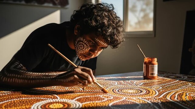 Indigenous Artist Painting Aboriginal Dot Art At Table In Natural Light Indoors