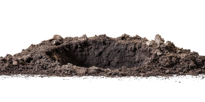 A pile of dark soil with a hole in the middle, isolated on transparent background