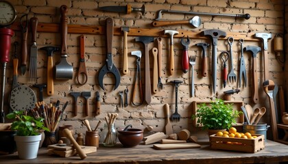 an interior space with a well organized collection of gardening tools hanging on a brick wall