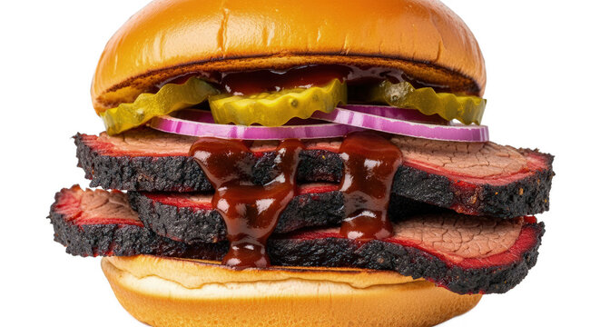 Delicious brisket sandwich isolated on transparent background, topped with pickles and red onions - Powered by Adobe