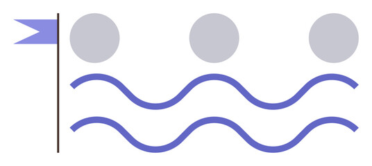 Flag symbolizing a goal, three circles suggesting milestones, and wavy lines representing challenges. Ideal for success, progress, competition, leadership, navigation strategy teamwork. Simple flat