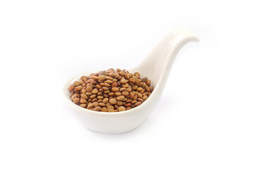 Vicia lens or Lens culinaris (Lens culinaris). Lentils brown, contains protein and soluble fiber, is a source of vitamin B.in a bowl on a white background.
