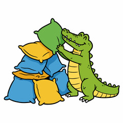 Obraz premium A happy cartoon alligator stacking colorful pillows into a large pile.