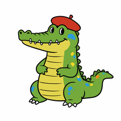 Fototapeta premium A cute cartoon alligator wearing a red beret and splattered with colorful paint, sitting with its hands on its belly.